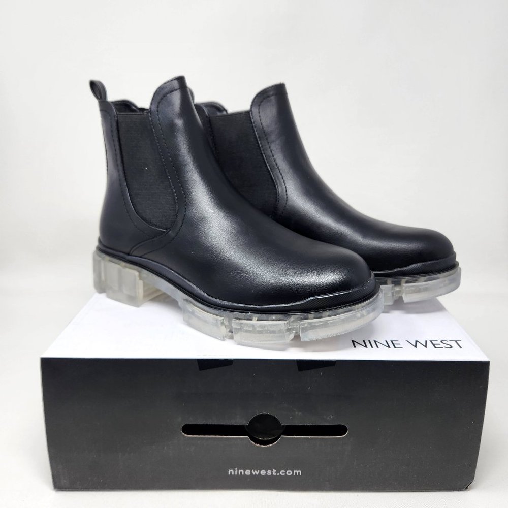 Nine West Womens Black Faux Leather Chelsea Boots Shoes 8 Medium Lugg Heel Ankle